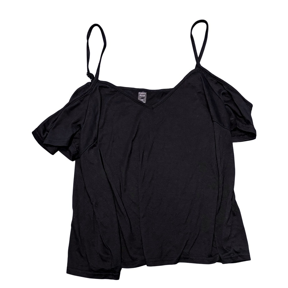 Emery Rose 1XL Black Cold Shoulder V Neck Spaghetti Strap Casual Tank Top